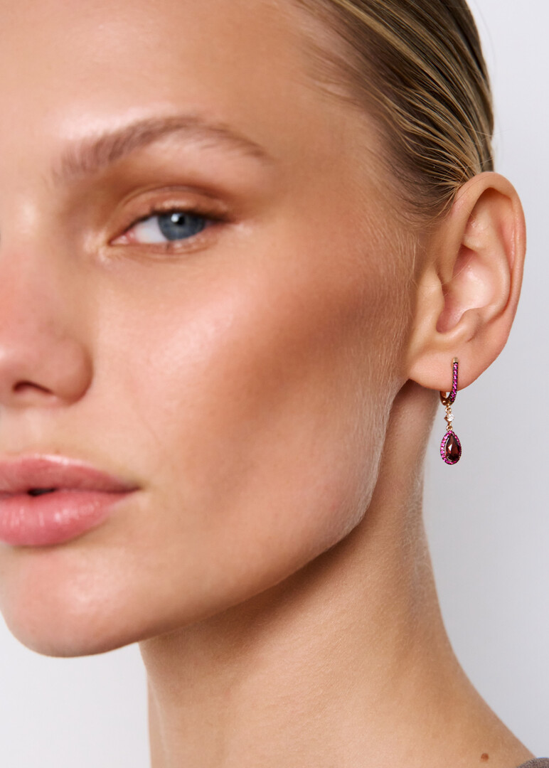 red gold earrings with garnets, nano-rubies and фианиты from Premium collection