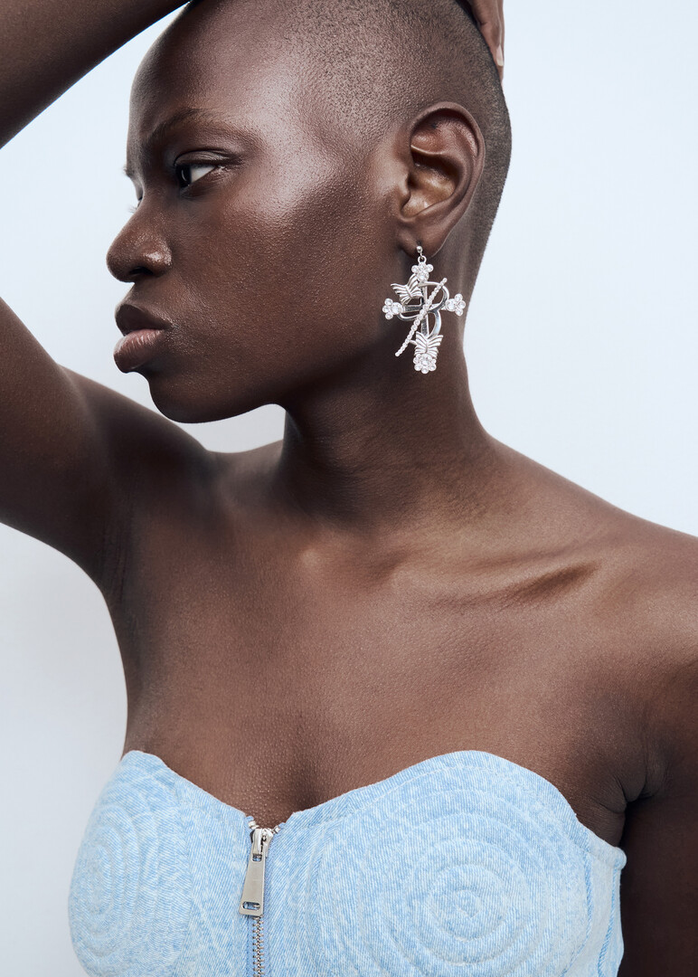 silver-tone asymmetric crystal earrings CROSS