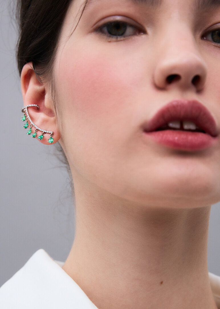 white gold synthetic emerald and lab-grown diamond cuff earring