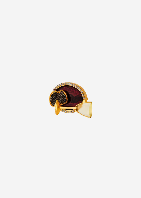 Броши Dzhanelli Jewellery Позолоченная брошь из серебра «Буфет ТВЕРСКАЯ, 5» с эмалью, топазами и янтарем