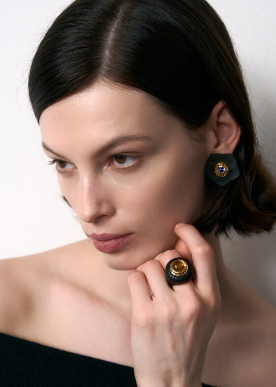 Тонкие кольца STREBKOV Jewelry Кольцо из золота с мореным дубом и цитрином
