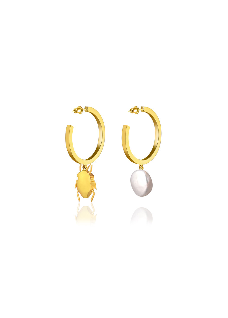Асимметричные серьги BUG gold Серебро 925, позолота 24K, нат. жемчуг