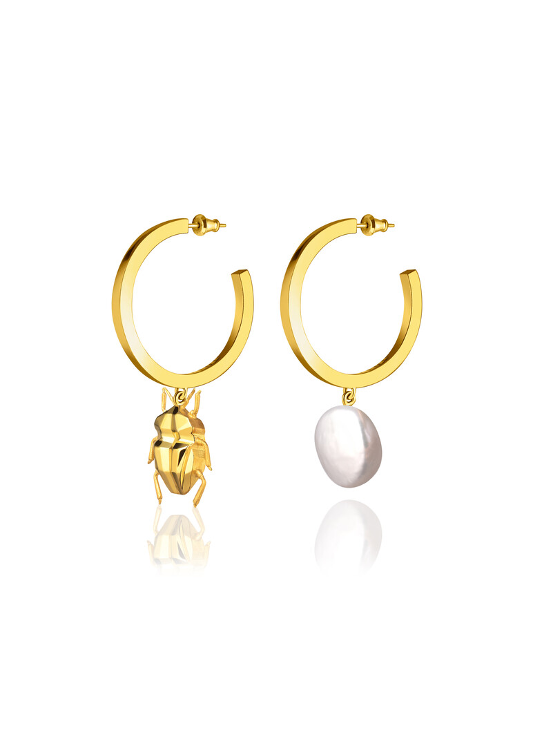 Асимметричные серьги BUG gold Серебро 925, позолота 24K, нат. жемчуг