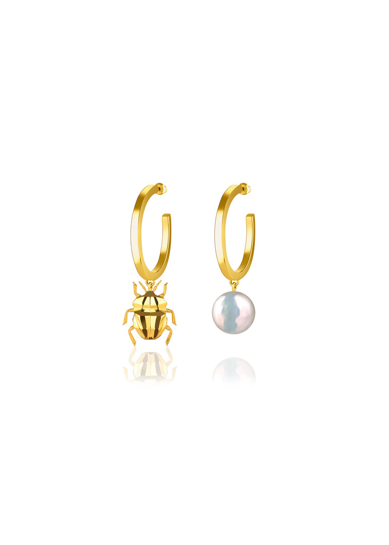 Асимметричные серьги BUG gold Серебро 925, позолота 24K, нат. жемчуг