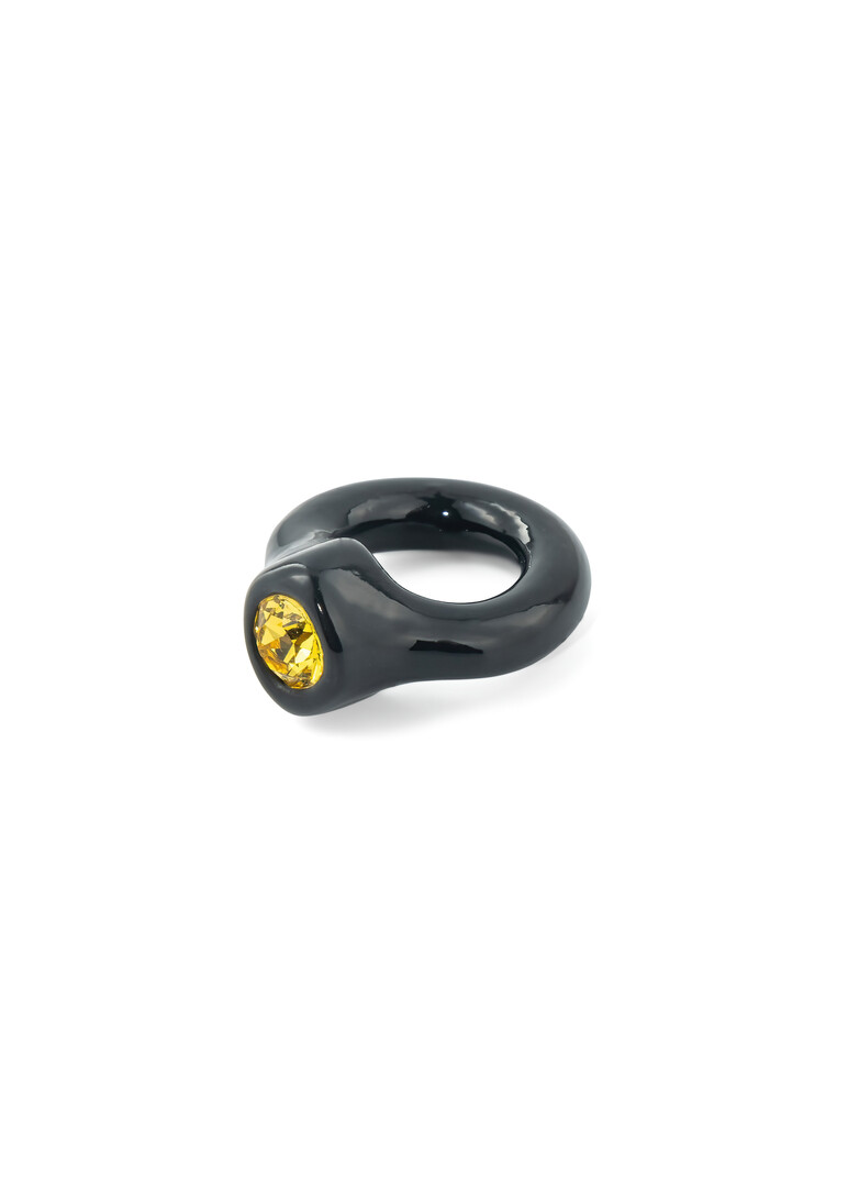 Black polymer clay ring with yellow rhinestone
