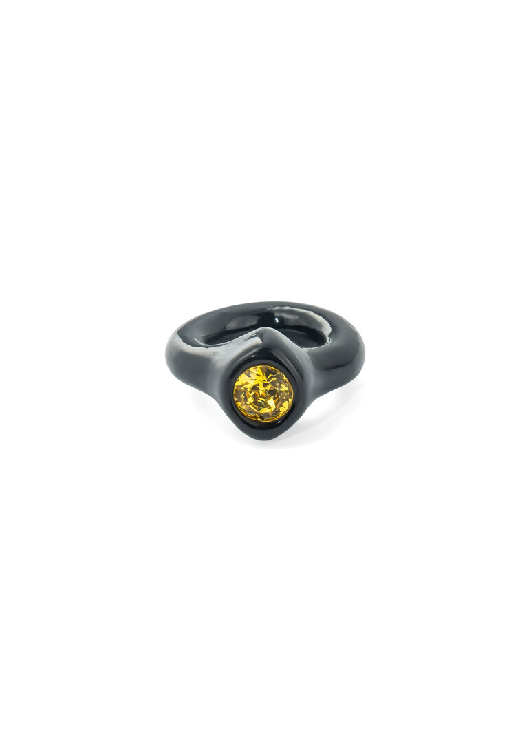 Black polymer clay ring with yellow rhinestone