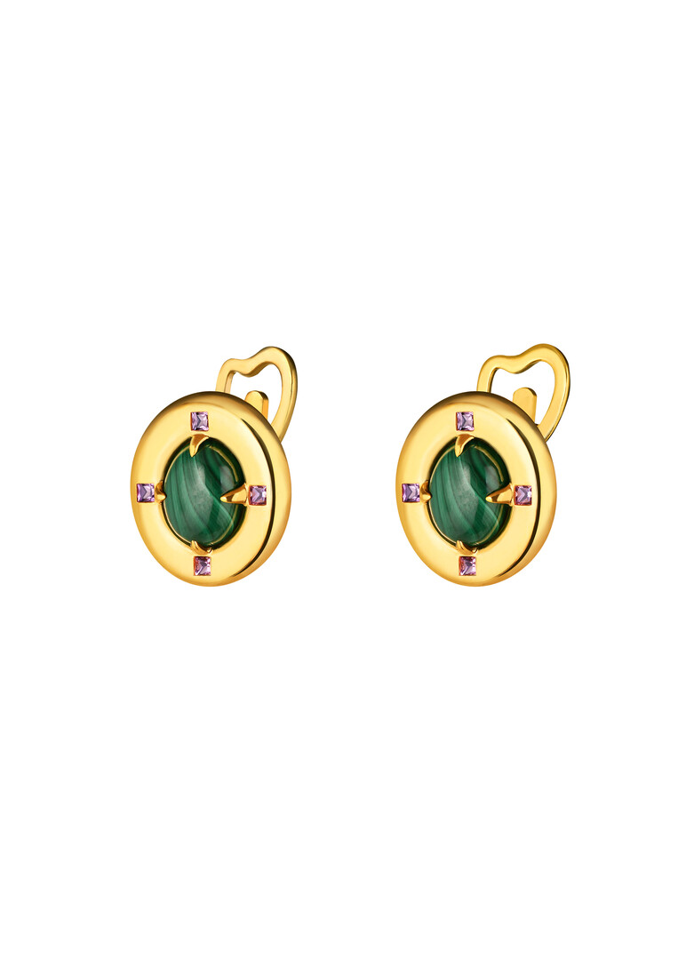 gold-plated small earrings with malachite and amethyst