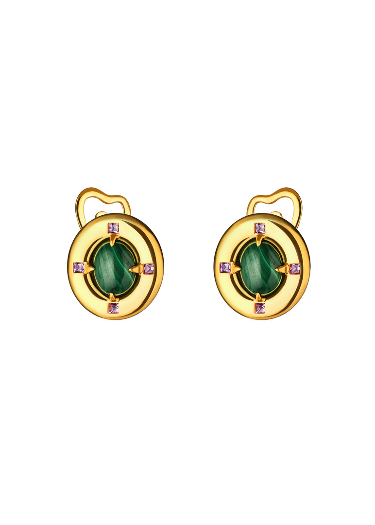 gold-plated small earrings with malachite and amethyst