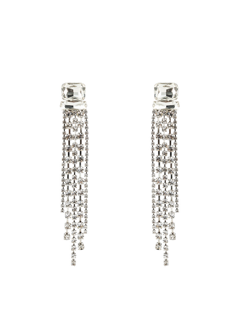 silver-tone earrings with large crystals and long tracks