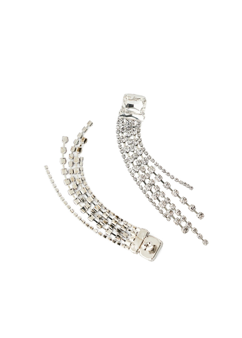silver-tone earrings with large crystals and long tracks