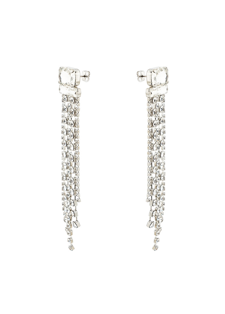 silver-tone earrings with large crystals and long tracks