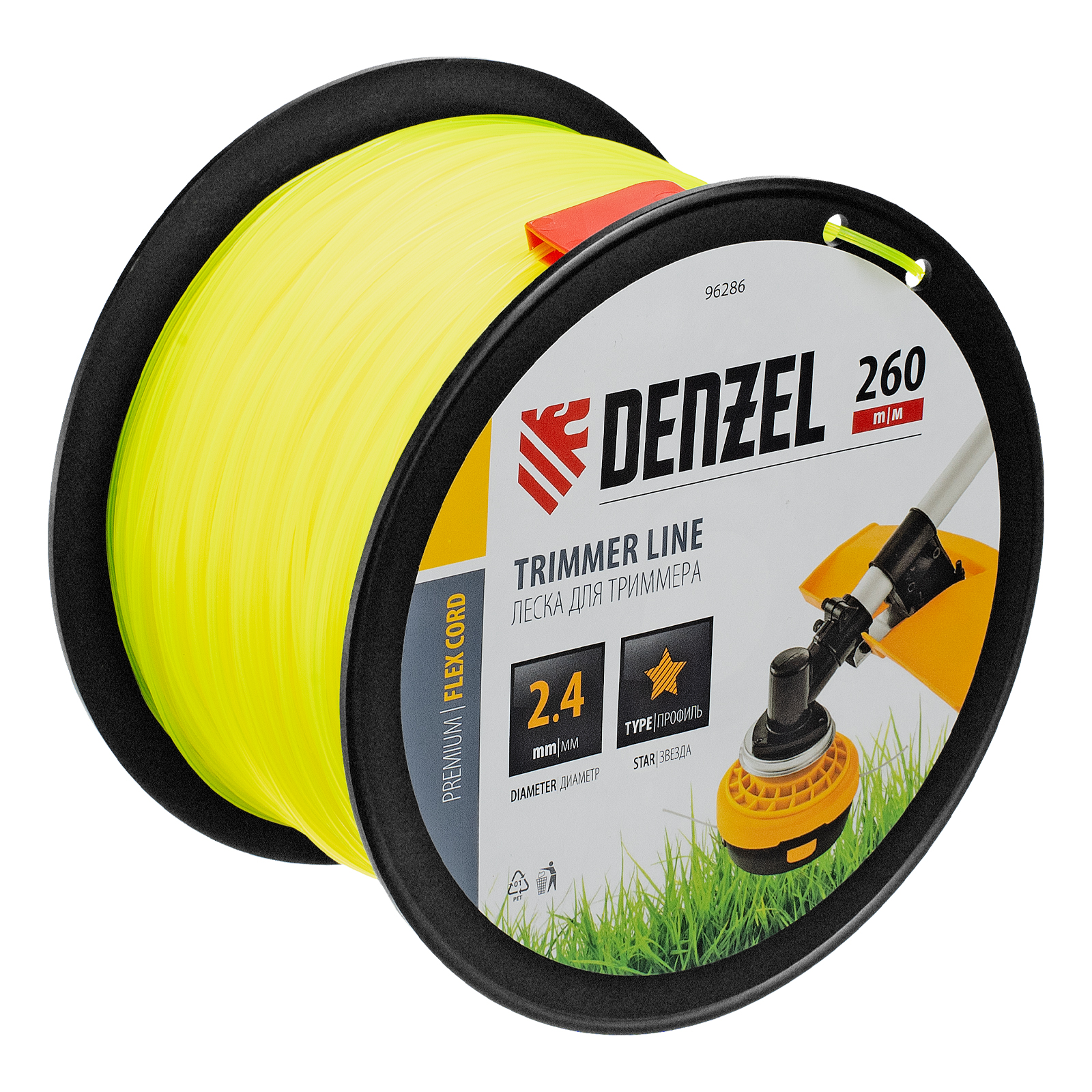 Леска для триммера звезда, 2,4мм х 260м, на DIN катушке FLEX CORD Denzel