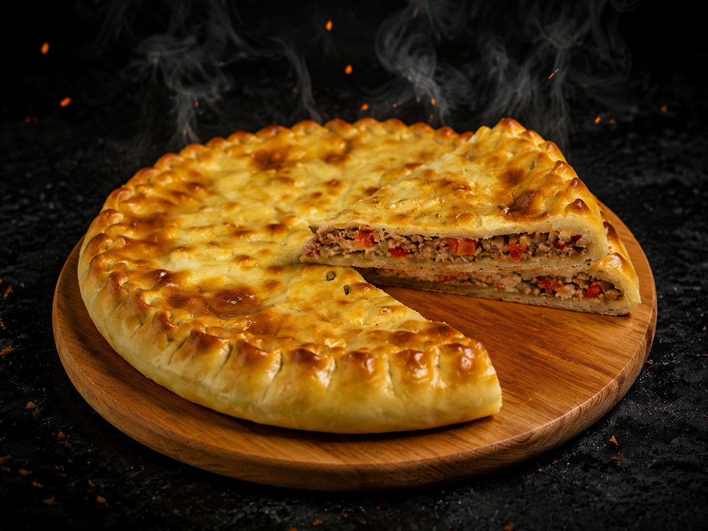 Пирог мясом, сыром и помидорами