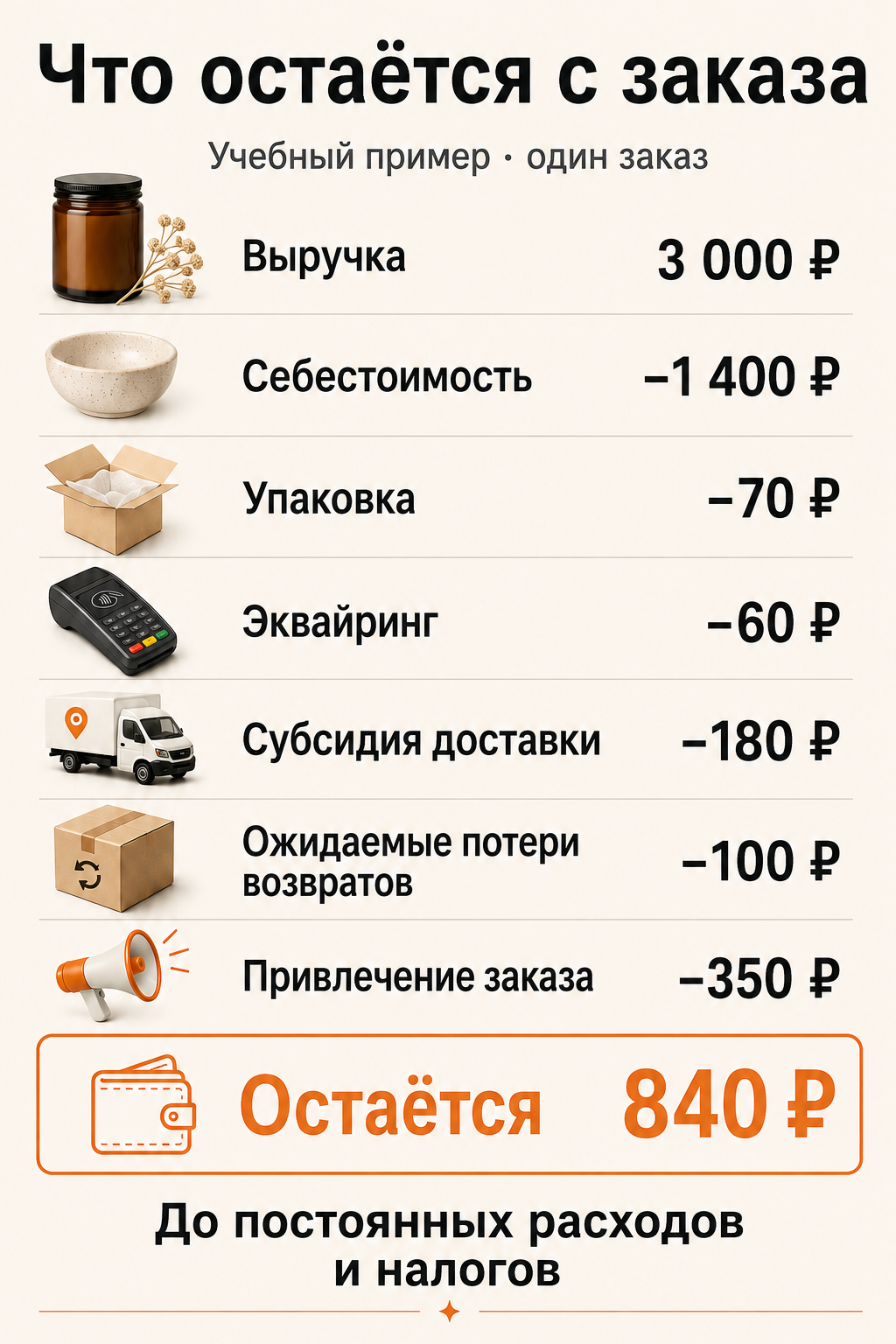 Учебная схема: выручка, наценка и прибыль заказа — разные показатели
