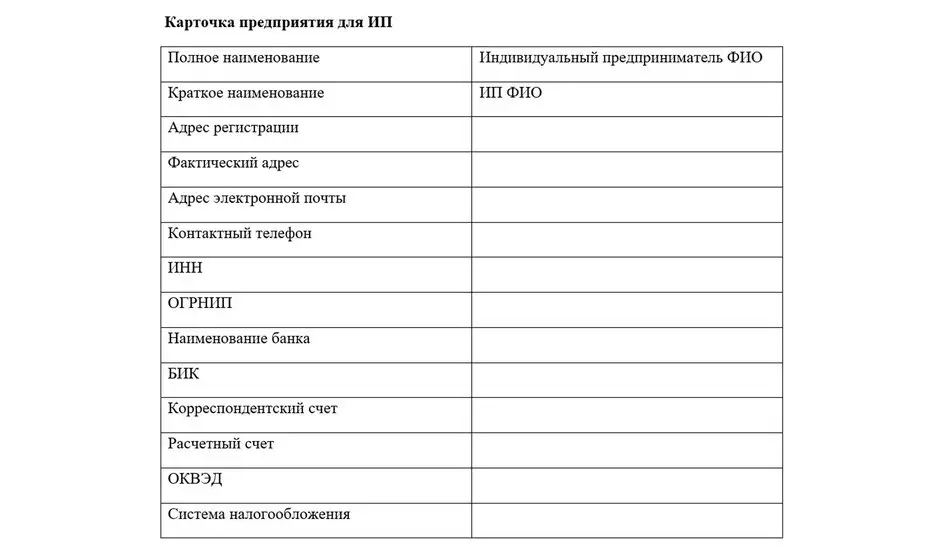 Образец карточки для ИП