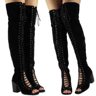 Черные женские ботфорты на шнуровке замшевые