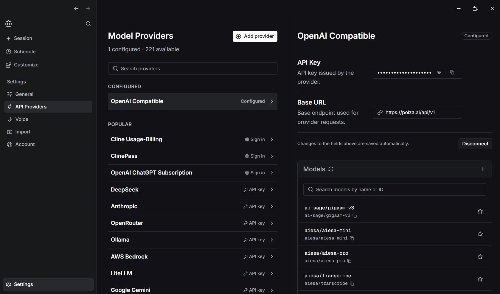 Список API Providers в Cline Desktop со статусом Configured у OpenAI Compatible