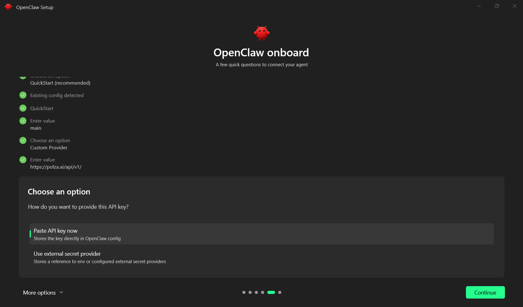 Экран с опцией Paste API key now и полем для ввода ключа
