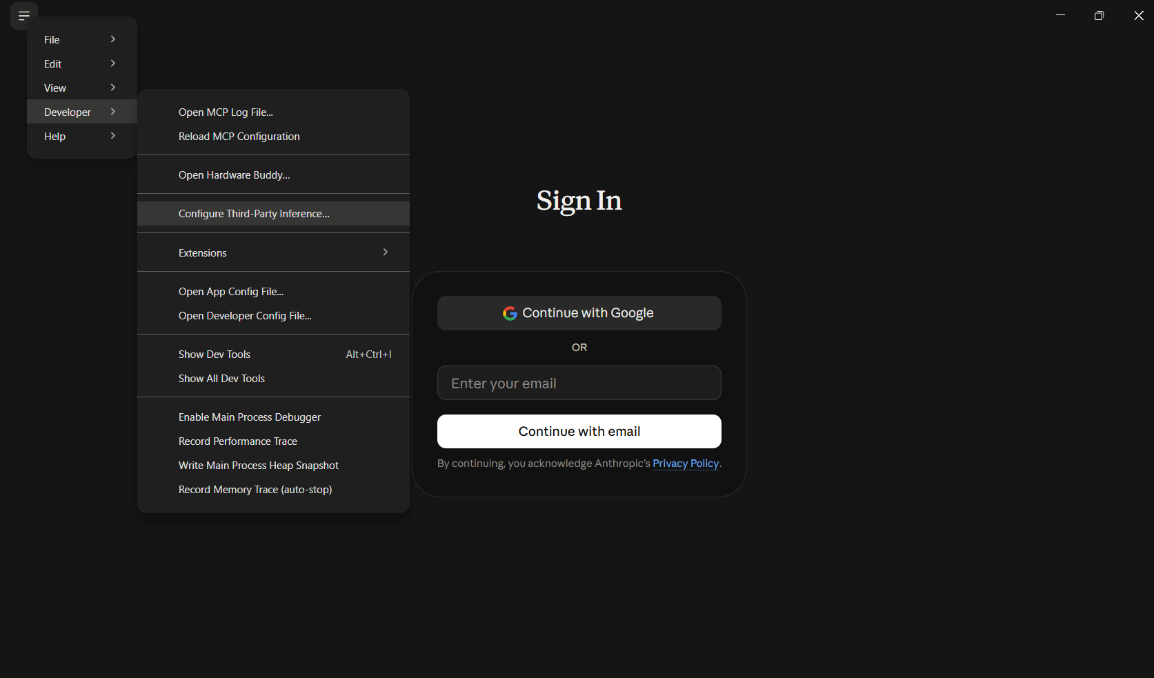Developer → Configure Third-Party Inference в Claude Desktop