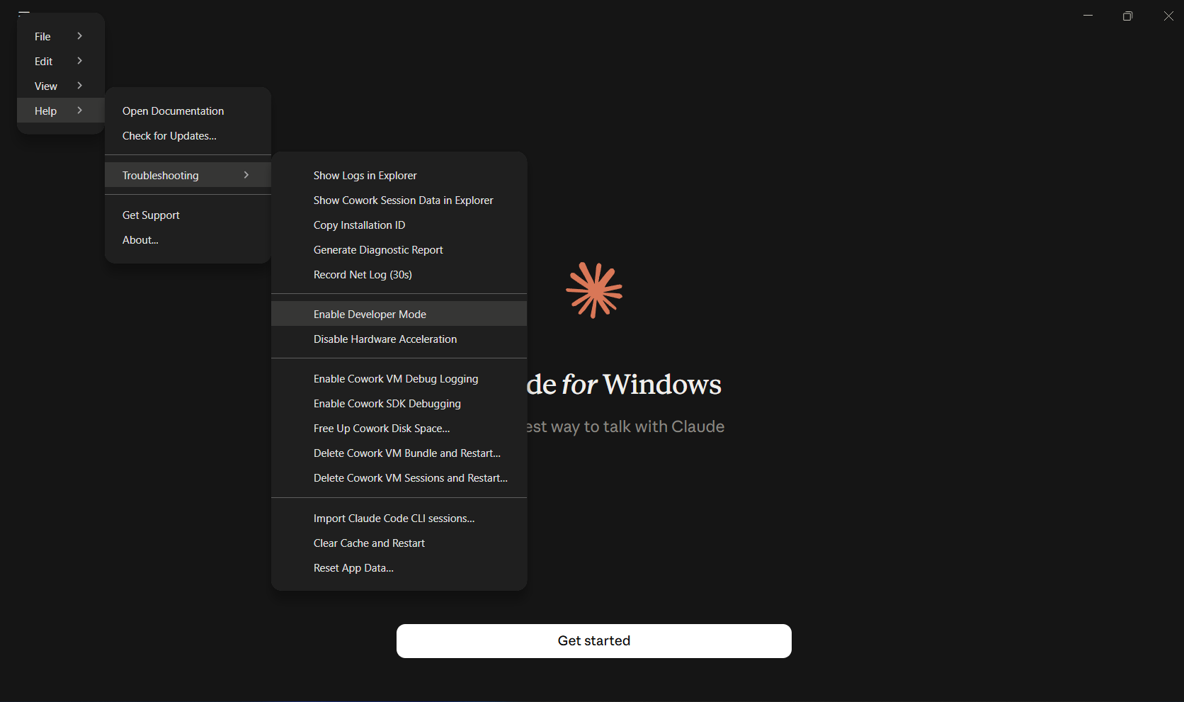 Меню Help → Troubleshooting → Enable Developer Mode в Claude Desktop