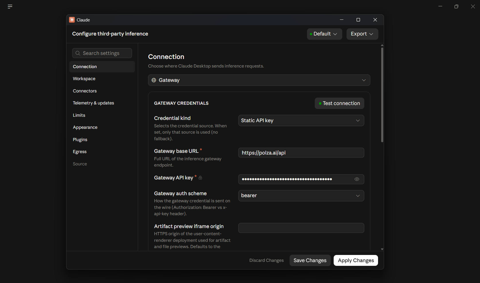 Заполненная панель Gateway credentials в Claude Desktop