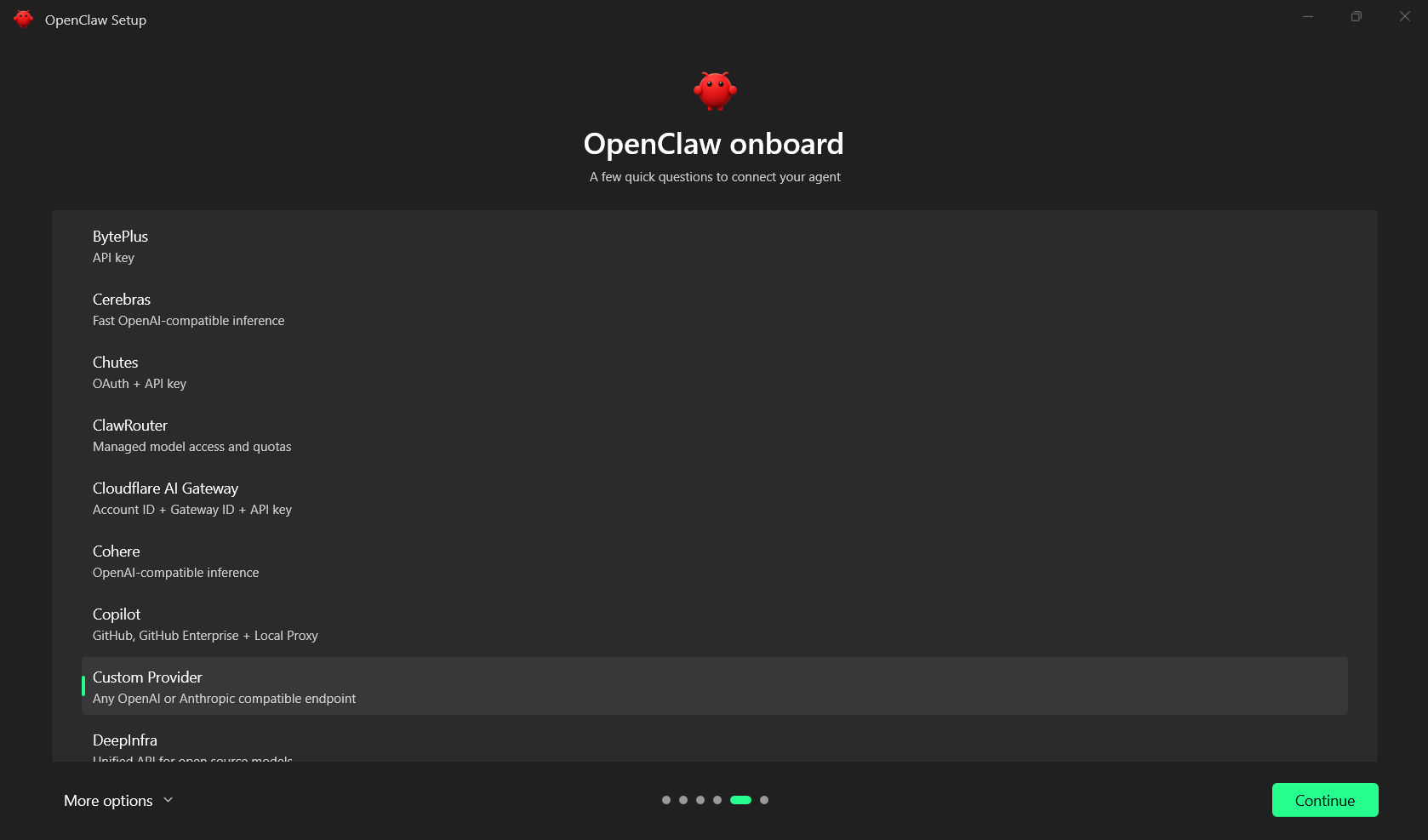 Экран Choose an option в мастере настройки OpenClaw Desktop