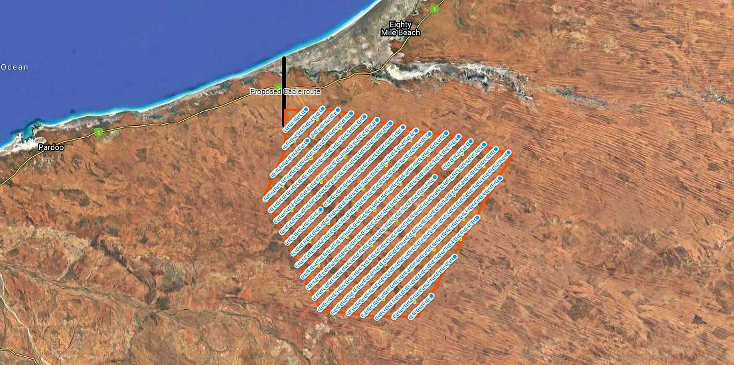 Прототип Asian Renewable Energy Hub в Австралии. Белые точки — ветряные турбины и солнечные панели на плозади в 6500 км² / asianrehub.com