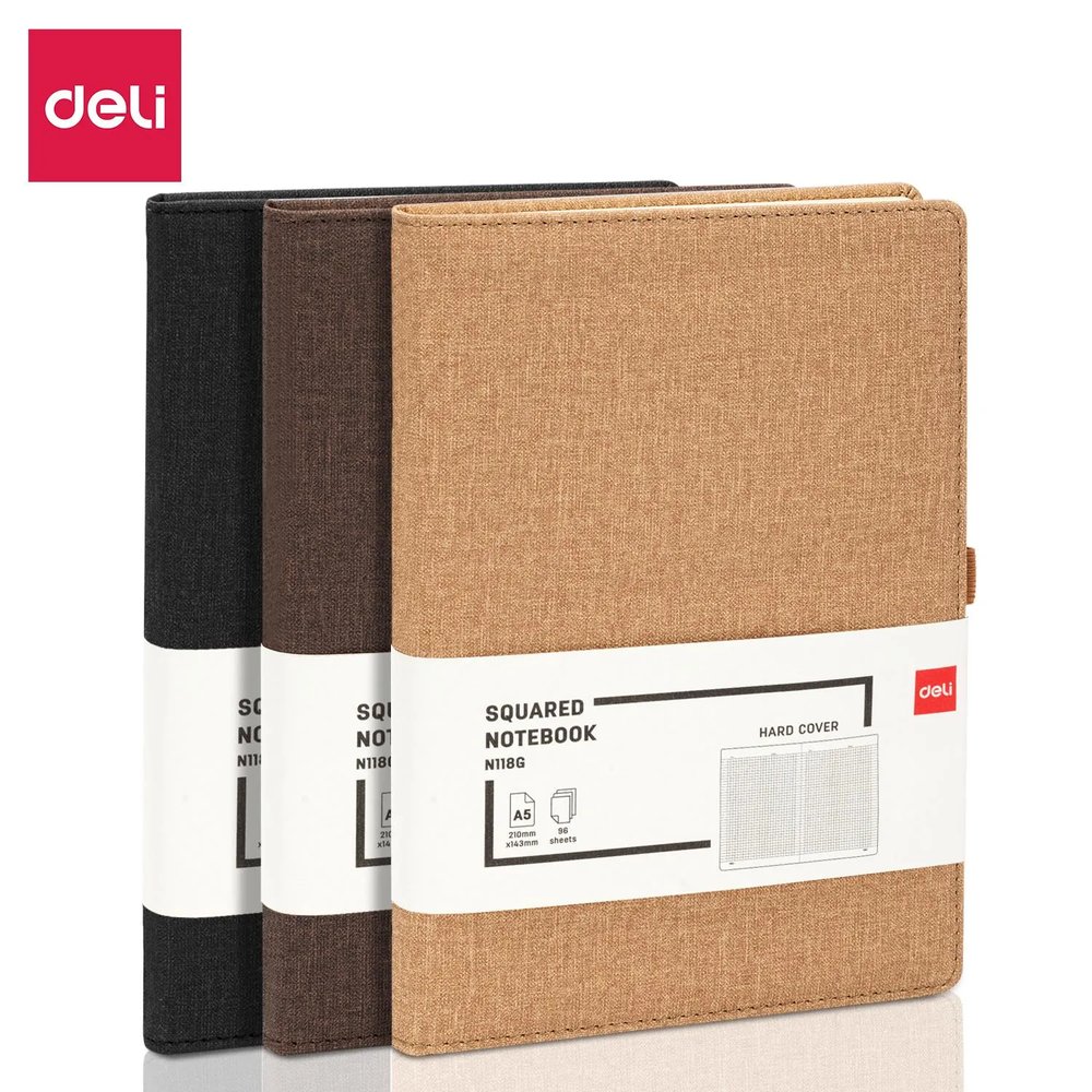 Бизнес-блокнот Deli А5 96л клет 80г тверд.облож, петл/ручк,хаки кожа EN118G