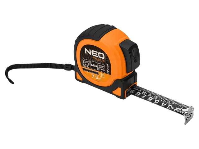 Стальная рулетка NEO TOOLS Super Black 7.5 м, 25 мм, автоблокировка, две кнопки остановки, магнит 67-244