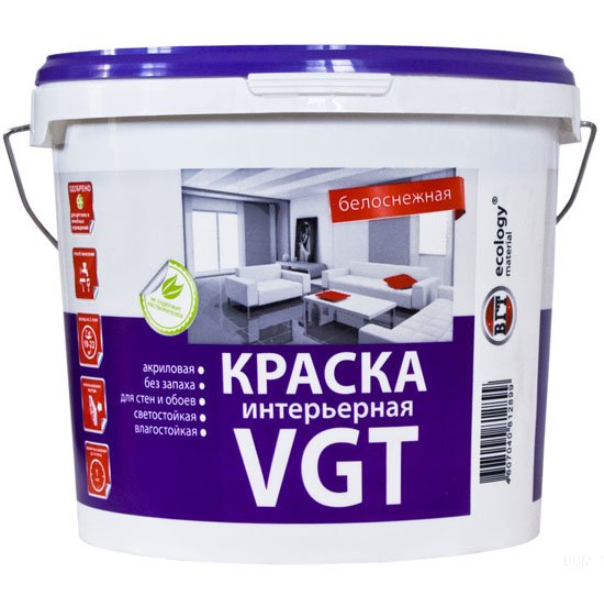 Интерьерная краска VGT ВД АК 2180 Белоснежная, влагостойкая 15кг 11601489