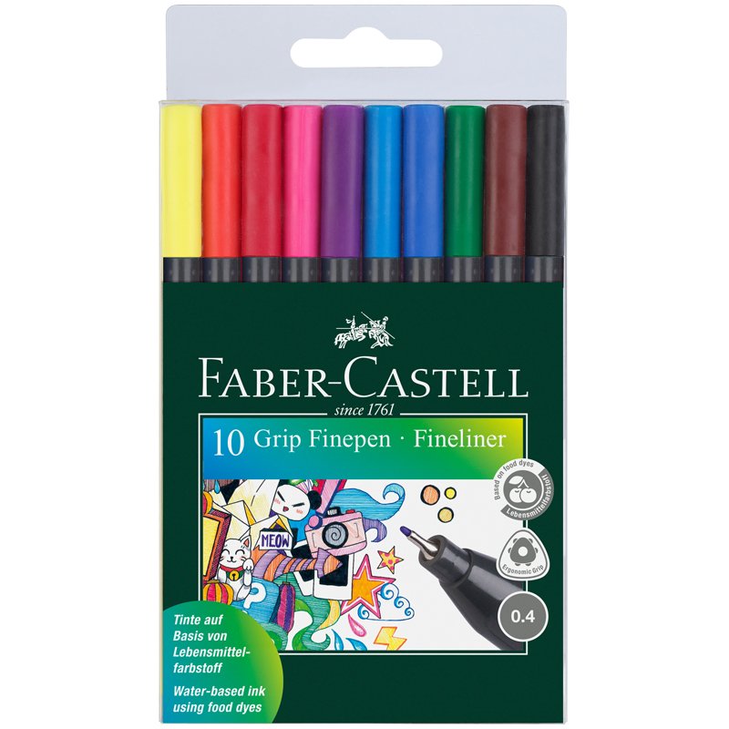 Набор капиллярных ручек Faber-Castell grip finepen 10 цветов, 0,4мм, трехгранные, пластиковый чехол, европодвес 151610