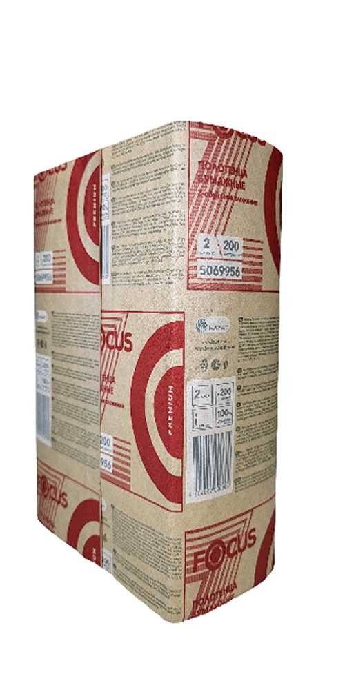 Листовые бумажные полотенца Focus/Premium Extra Z-сложение, 100% целлюлоза, 2 слоя, 200х240 мм, 12 пачек по 200 листов 5041537
