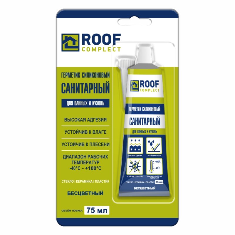 Силиконовый санитарный герметик Roof Complect в тюбике, бесцветный, 75 мл 00000429216