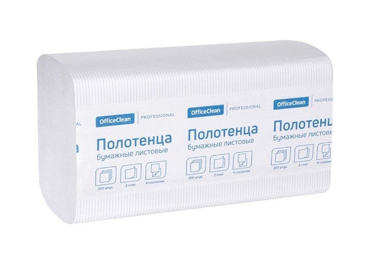 Бумажные полотенца OfficeClean professional лист \v-сл\ \h3\, 2-слойные, 200л/пач., 21x21,6, тиснение, белые 244818/С