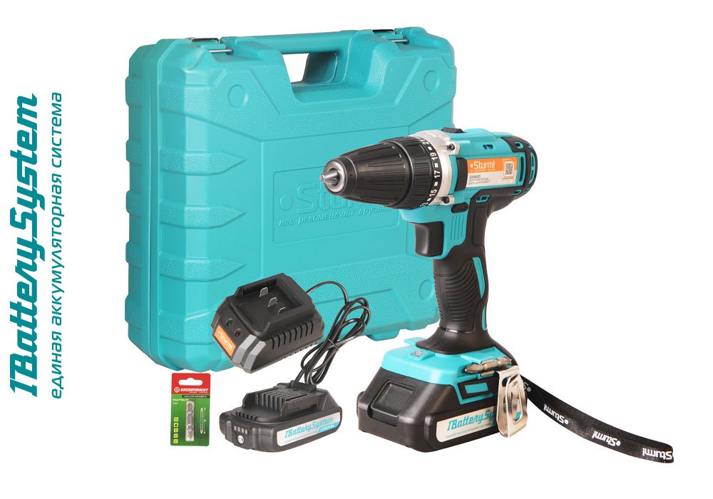 Аккумуляторная дрель Sturm 20 В, 1BatterySystem, 2 акк., 2,0 Ач, кейс CD3620