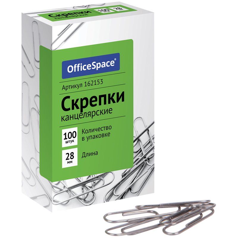 Скрепки OfficeSpace 28 мм, 10 упаковок по 100 шт, картонная упаковка 162153