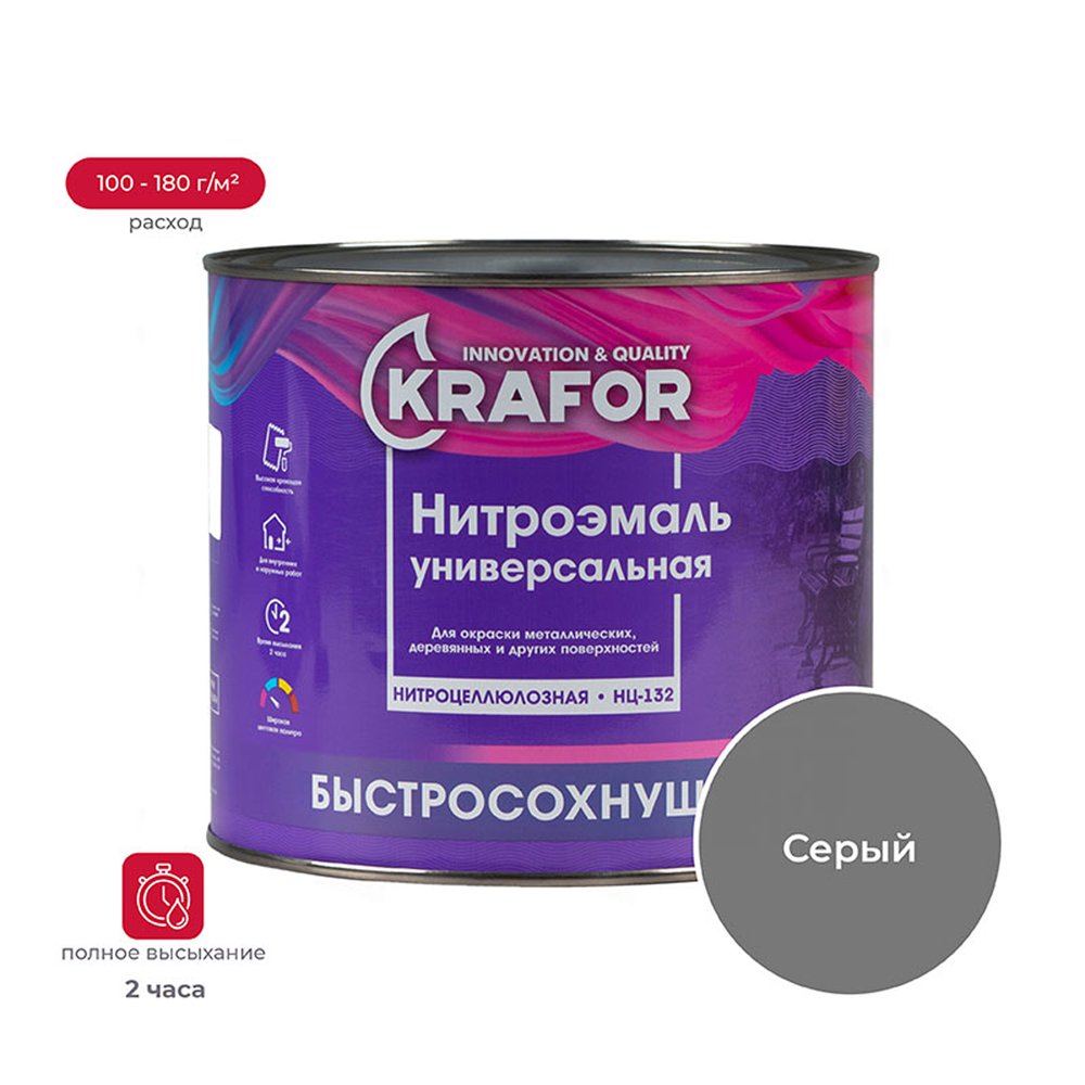 Эмаль KRAFOR НЦ-132 серая, 1.7 кг 26490