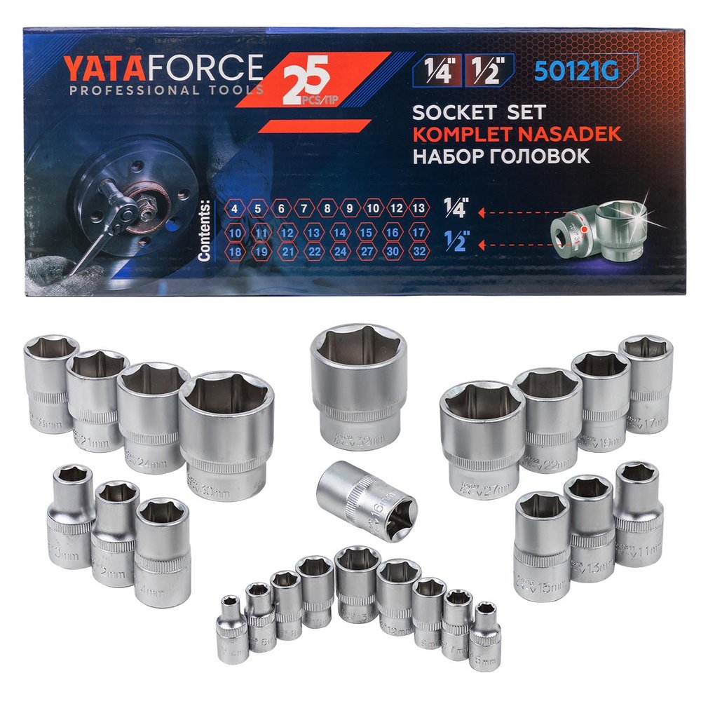Головки 1/4'DR, 1/2'DR, набор 25 предметов, 6-гр YATAFORCE YF-50121G(57685)