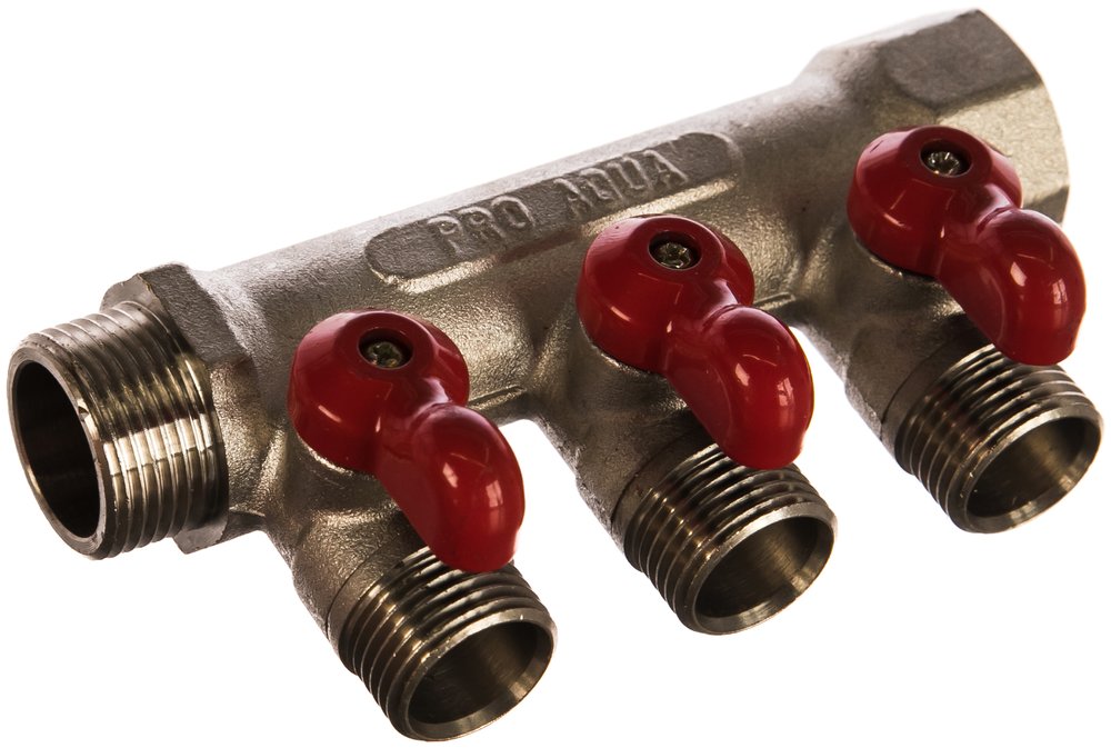 Коллектор с отсекающими кранами (плоскость) PRO AQUA 3/4, 3 х 1/2 V100.03-m20-f20