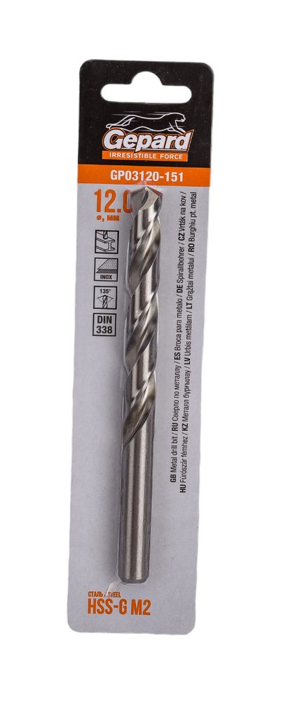 Сверло по металлу спиральное 12.0х101х151 мм, HSS-G GEPARD GP03120-151