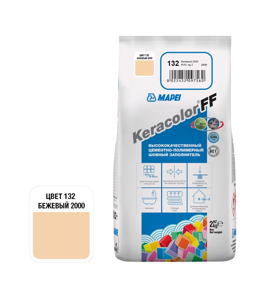 Затирка MAPEI KERACOLOR FF № 132, 2 кг, бежевый 2000 5QA013202A