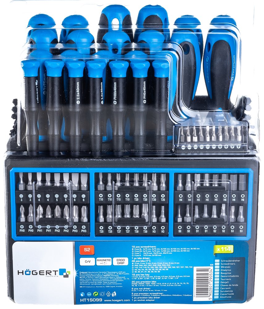 Набор отверток и бит HOEGERT TECHNIK 114 пр, сталь S2 HT1S099