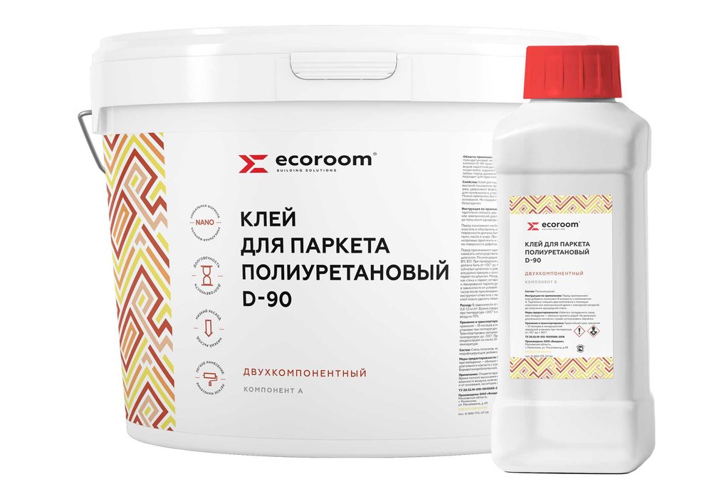 Полиуретановый клей ECOROOM 2К D-90 для паркета, 10 кг, комплект из 2-х частей: А+Б Е-PUКлей -14488