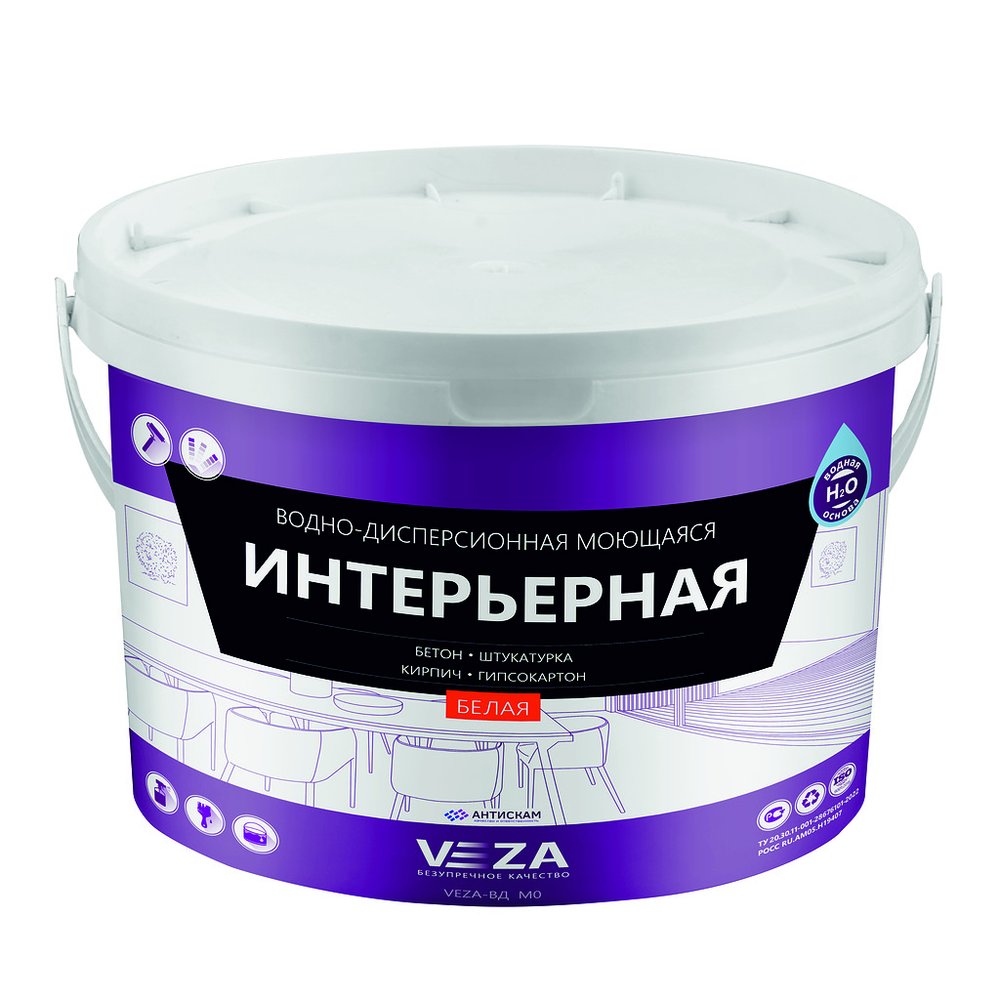Интерьерная акриловая водно-дисперсионная моющаяся краска Veza 10ВДМО