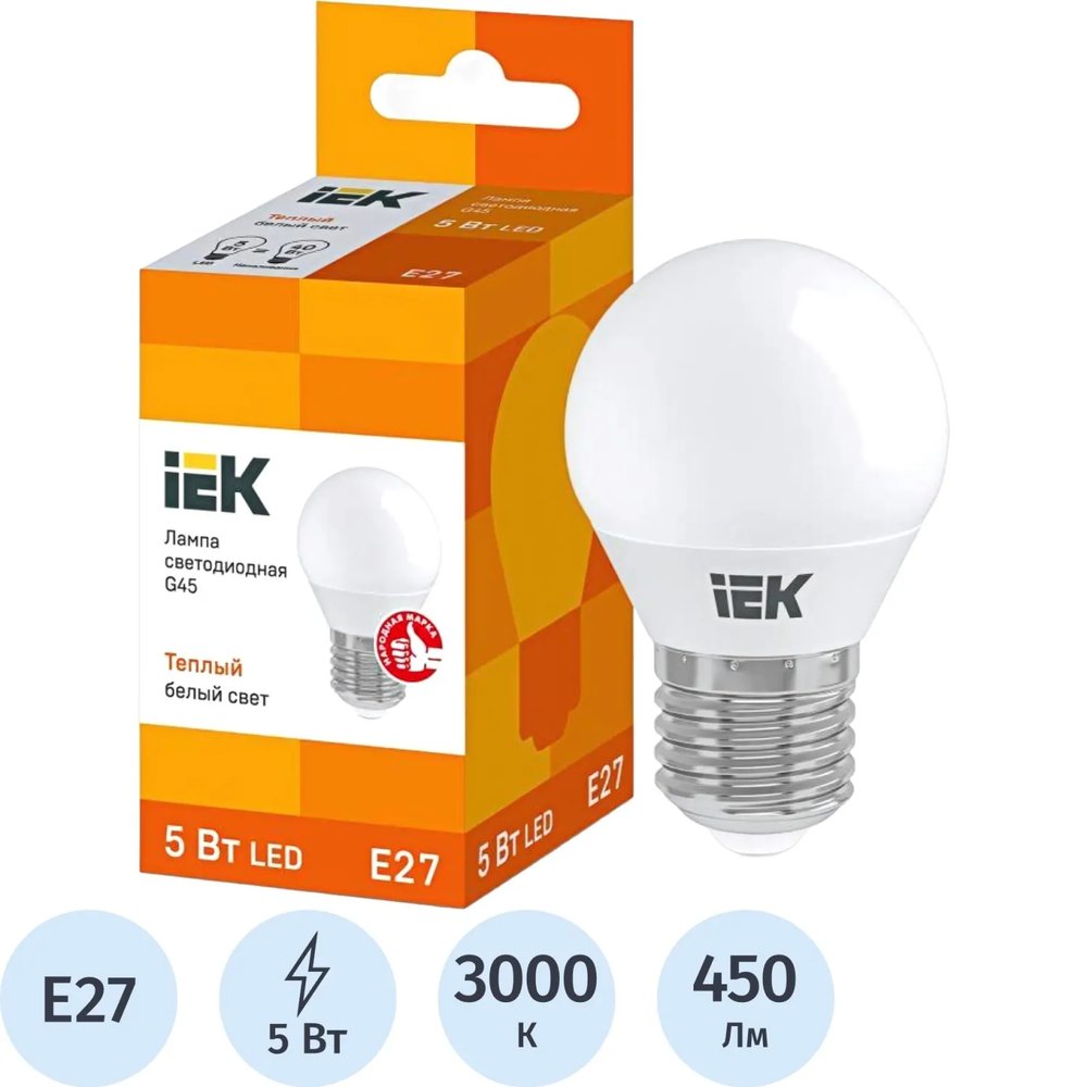 Лампа светодиодная IEK ECO G45 LLE-G45-5-230-30-E27 5Вт 3000К E27
