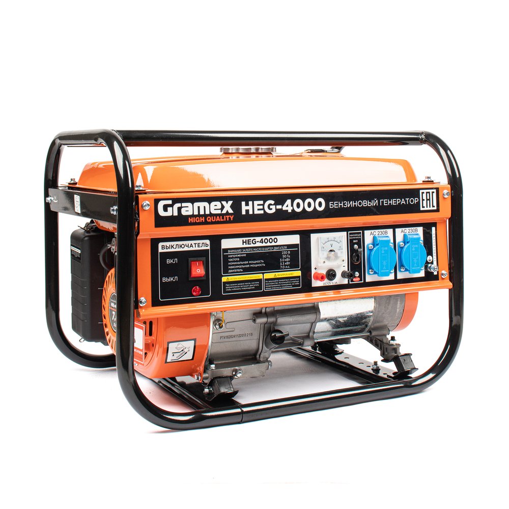 Генератор бензиновый Gramex HEG-4000 / бензогенератор 3.3кВт/ электростанция 230В/ электрогенератор 7.0 л.с. 020362