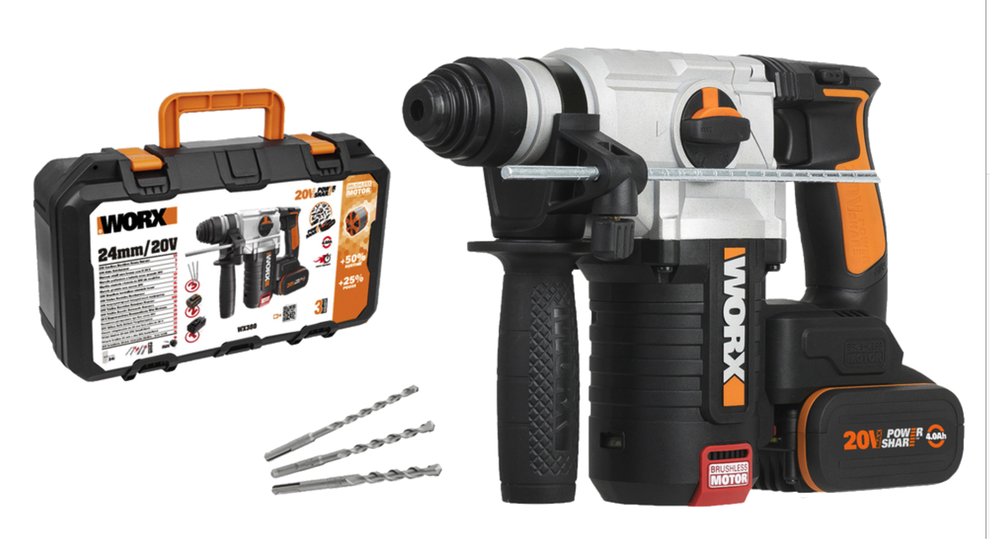 Перфоратор аккумуляторный бесщеточный WORX, 20 В, 4 А·ч x 2, ЗУ 2 А, кейс WX380