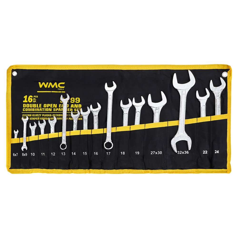 Набор комбинированных и рожковых ключей WMC TOOLS 16 предметов (6х7,8х9,10,11,12,13,14,15,16,17,18,19,22,24,27х30,32х36мм) WMC-5199(47228)