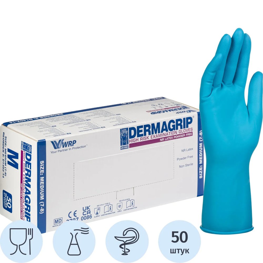 Перчатки мед.смотров. латекс.,нестер.,н/о, Dermagrip High Risk(M) 25 пар,ПС