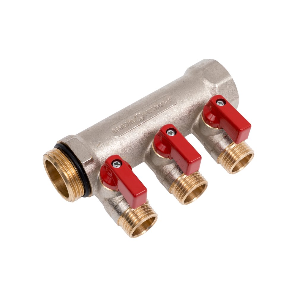 Коллектор с шаровыми кранами STOUT Smb 6210 011203 1', 3 отвода 1/2', красные ручки RG0091AACQLORH